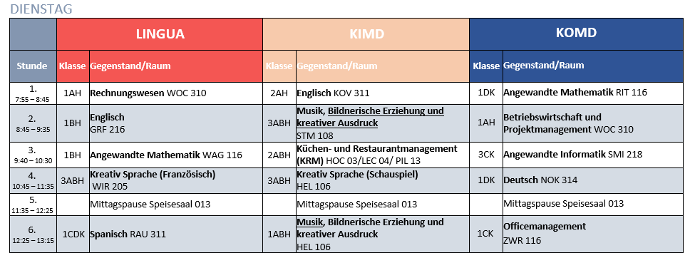 Stundenplan Dienstag