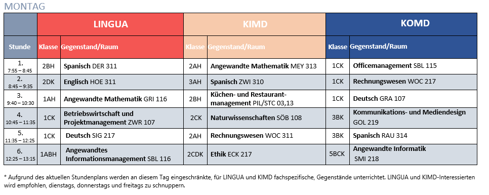 Schnupperstundenplan Montag